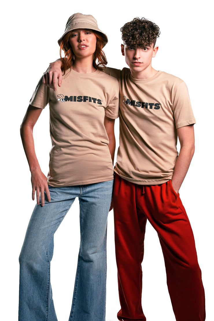 Misfits Gaming Dare 2B Different T-shirt, Khaki with misfits text in black front on both male and female models