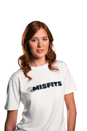 Misfits Gaming logo in black on white t-shirt front female model