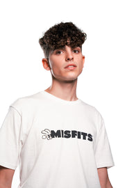 Misfits Gaming logo in black on white t-shirt front male model