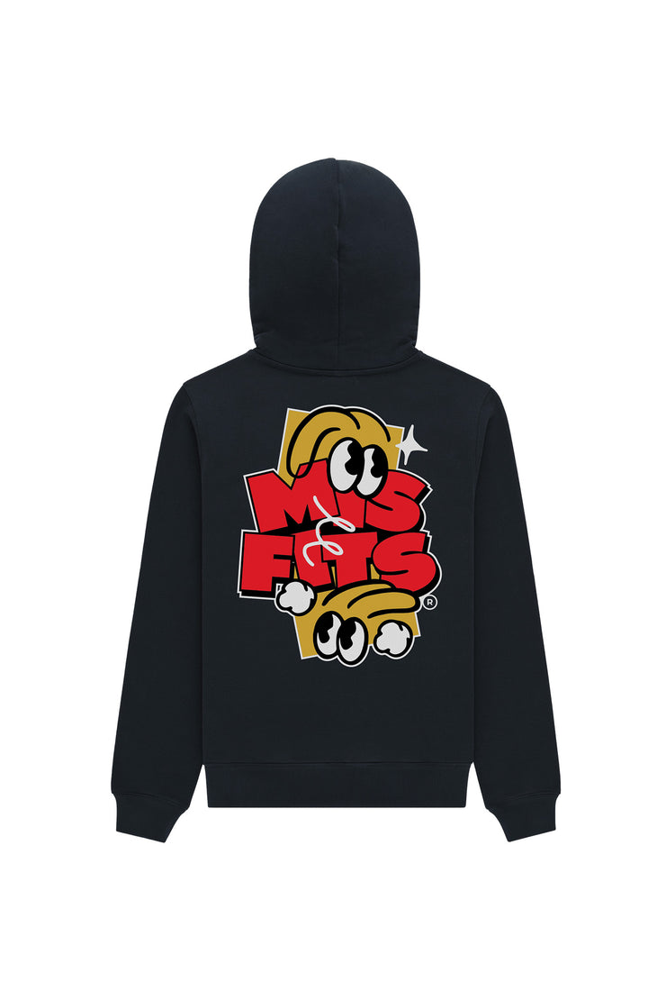 Misfits Gaming Misfits written on the backl of black hodie in yellow and red colors