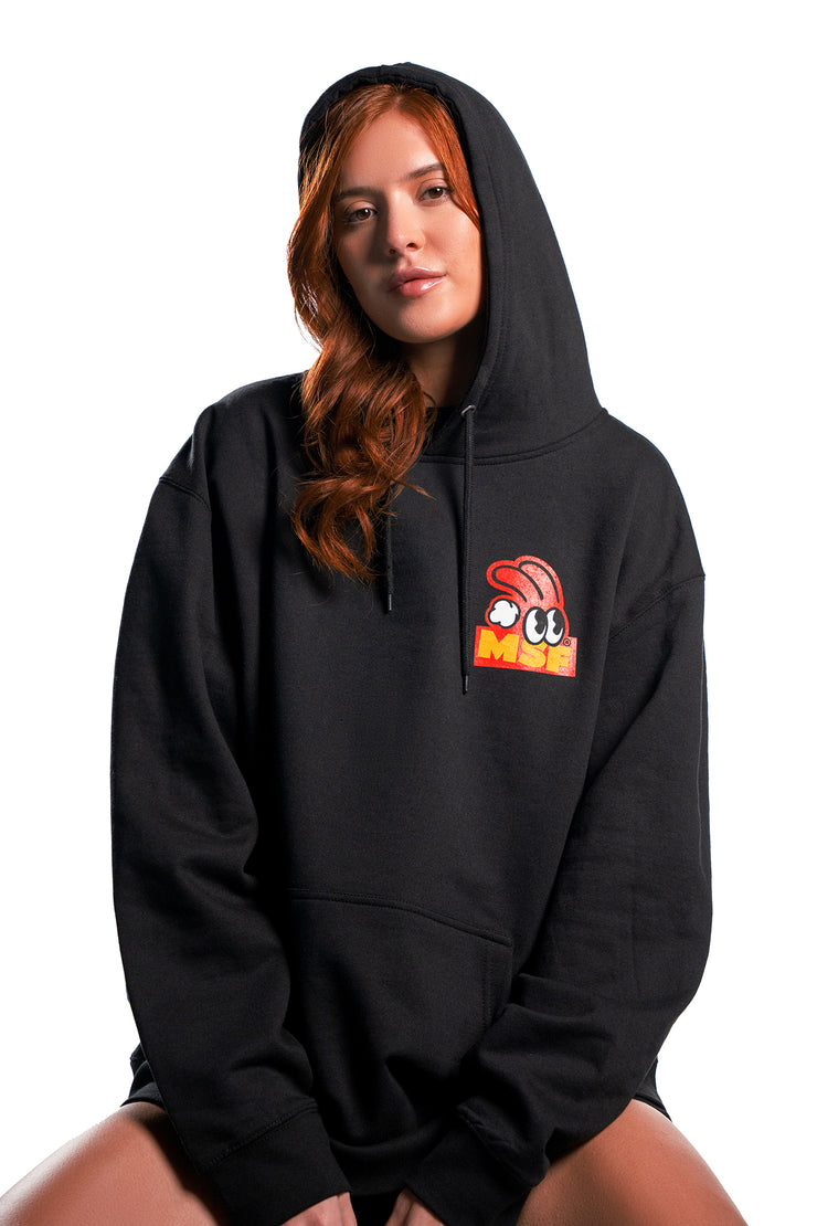 Misfits Gaming Logo in red and orange on black hoodie front on female model