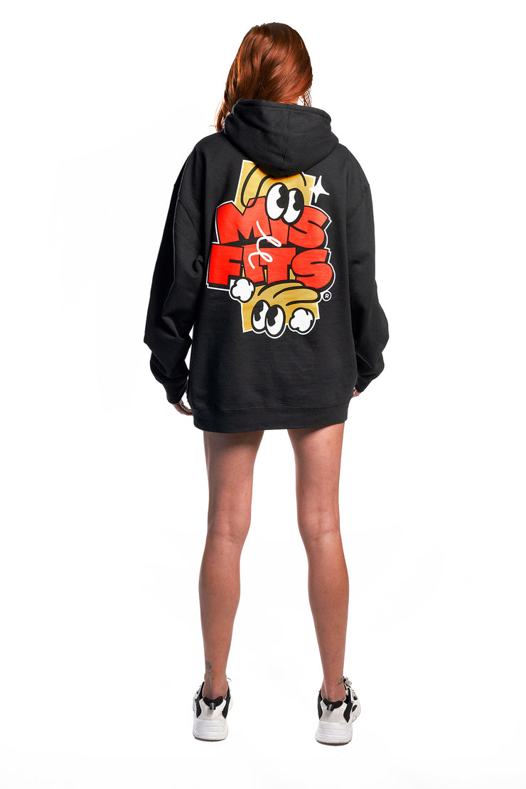 Misfits Gaming Misfits written on the backl of black hodie in yellow and red colors on female model