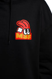 Misfits Gaming Logo in red and orange on black hoodie front closeup