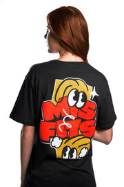 Misfits Gaming Misfits written on the back in yellow and red on black t-shirt on female model